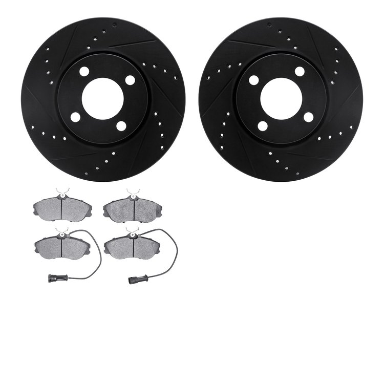 8502-73133 Drilled/Slotted Brake Rotors w/5000 Advanced Brake Pads Kit [Black], 1990-1998 Audi/Volkswagen, Position: Front