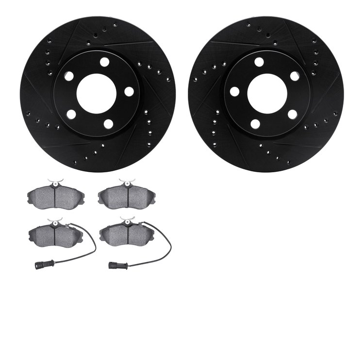 8502-73145 Drilled/Slotted Brake Rotors w/5000 Advanced Brake Pads Kit [Black], 1990-1997 Audi/Volkswagen, Position: Front