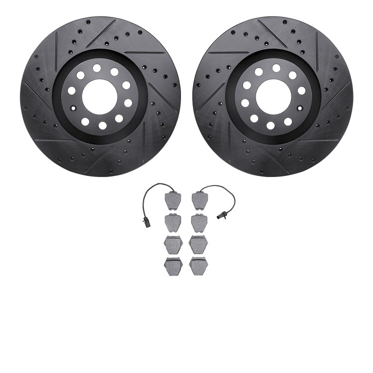 8502-73232 Drilled/Slotted Brake Rotors w/5000 Advanced Brake Pads Kit [Black], 1999-2005 Audi/Volkswagen, Position: Front