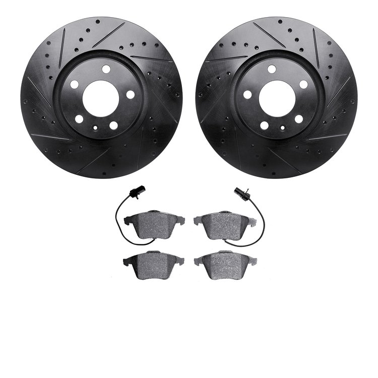 8502-73298 Drilled/Slotted Brake Rotors w/5000 Advanced Brake Pads Kit [Black], 2005-2011 Audi/Volkswagen, Position: Front