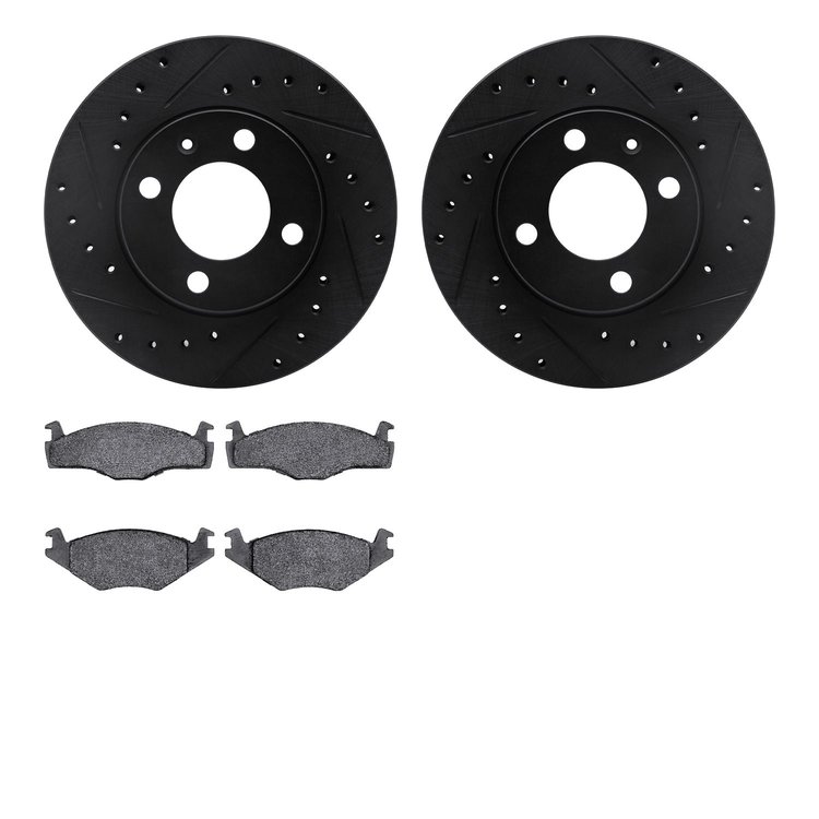 8502-74003 Drilled/Slotted Brake Rotors w/5000 Advanced Brake Pads Kit [Black], 1984-2009 Audi/Volkswagen, Position: Front