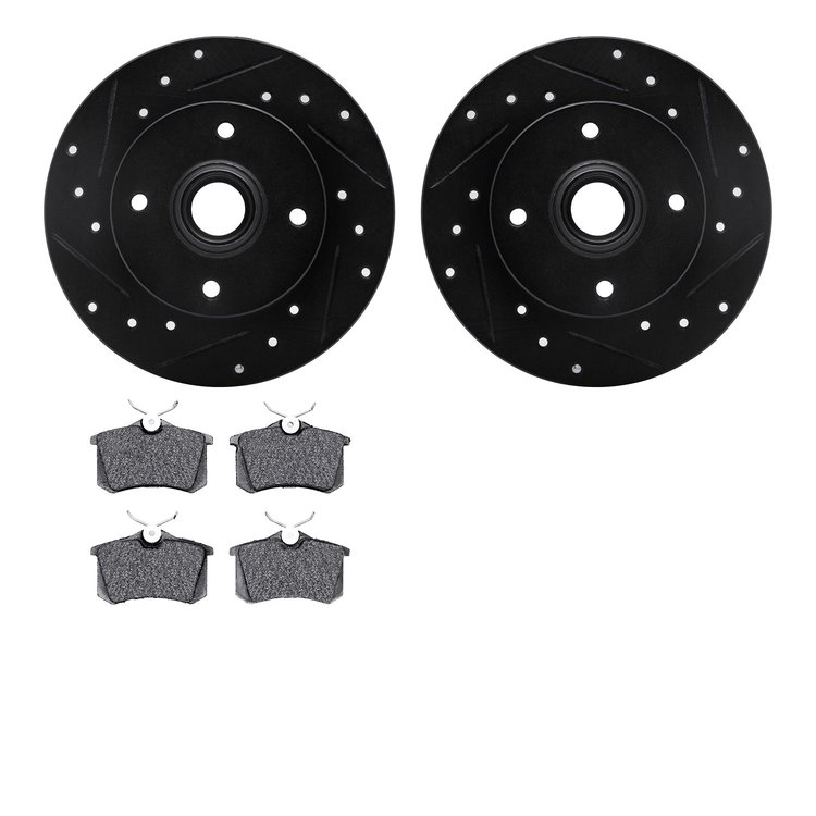 8502-74005 Drilled/Slotted Brake Rotors w/5000 Advanced Brake Pads Kit [Black], 1990-2002 Audi/Volkswagen, Position: Rear