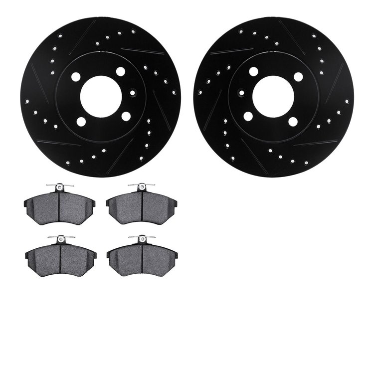 8502-74007 Drilled/Slotted Brake Rotors w/5000 Advanced Brake Pads Kit [Black], 1986-2008 Audi/Volkswagen, Position: Front