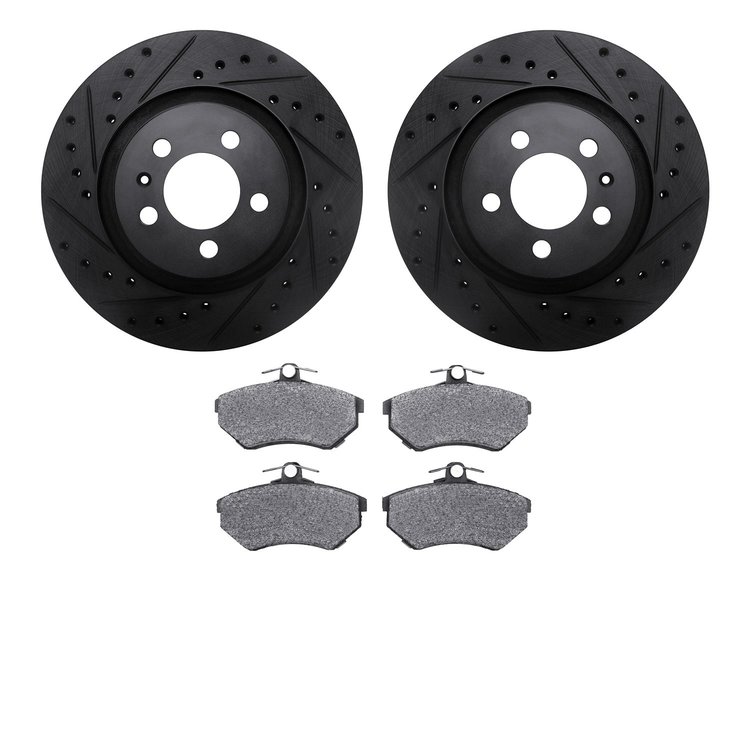 8502-74012 Drilled/Slotted Brake Rotors w/5000 Advanced Brake Pads Kit [Black], 1992-1995 Audi/Volkswagen, Position: Front
