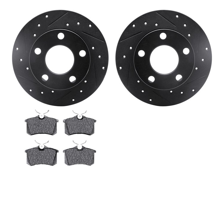 8502-74016 Drilled/Slotted Brake Rotors w/5000 Advanced Brake Pads Kit [Black], 1999-2001 Audi/Volkswagen, Position: Rear