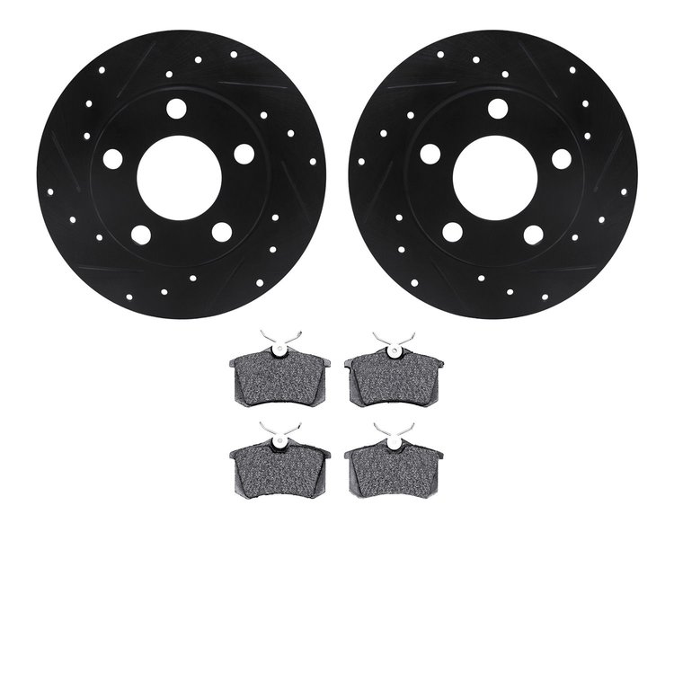 8502-74021 Drilled/Slotted Brake Rotors w/5000 Advanced Brake Pads Kit [Black], 1998-2005 Audi/Volkswagen, Position: Rear