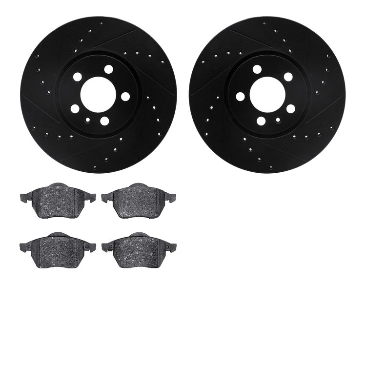 8502-74023 Drilled/Slotted Brake Rotors w/5000 Advanced Brake Pads Kit [Black], 1996-1998 Audi/Volkswagen, Position: Front