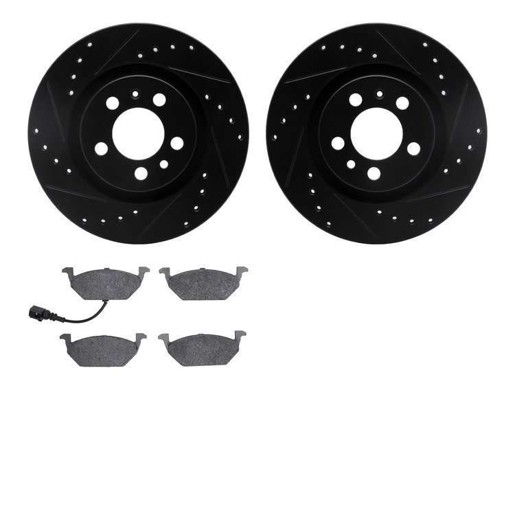 8502-74030 Drilled/Slotted Brake Rotors w/5000 Advanced Brake Pads Kit [Black], 1999-2010 Audi/Volkswagen, Position: Front