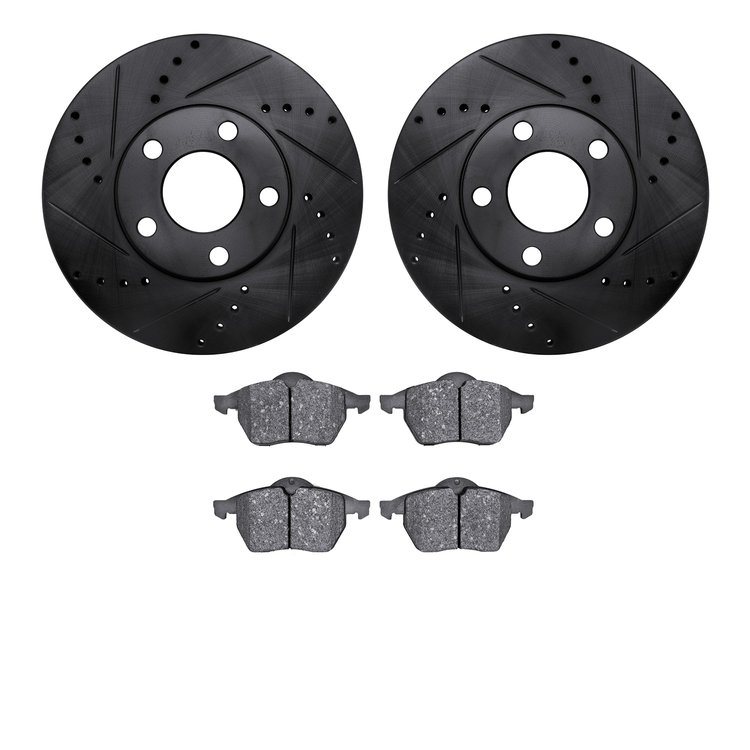 8502-74031 Drilled/Slotted Brake Rotors w/5000 Advanced Brake Pads Kit [Black], 1998-1998 Audi/Volkswagen, Position: Front
