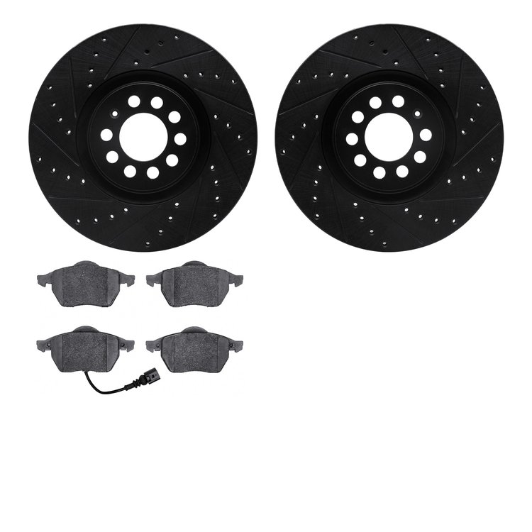 8502-74043 Drilled/Slotted Brake Rotors w/5000 Advanced Brake Pads Kit [Black], 2000-2006 Audi/Volkswagen, Position: Front