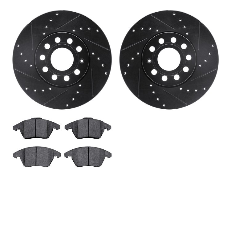 8502-74054 Drilled/Slotted Brake Rotors w/5000 Advanced Brake Pads Kit [Black], 2011-2019 Audi/Volkswagen, Position: Front