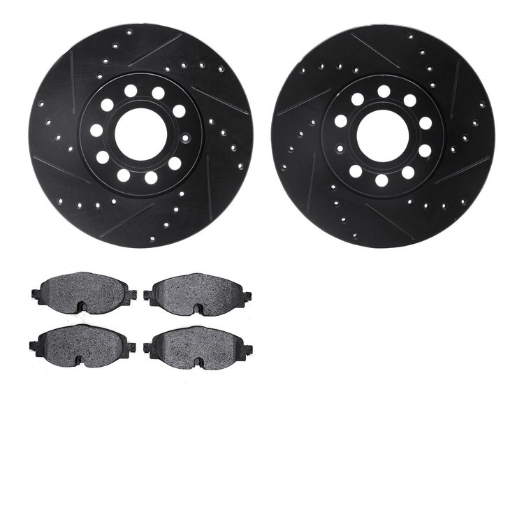 8502-74055 Drilled/Slotted Brake Rotors w/5000 Advanced Brake Pads Kit [Black], Fits Select Audi/Volkswagen, Position: Front