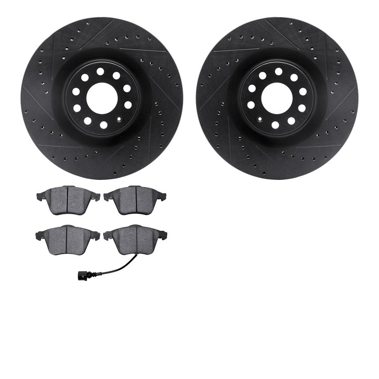 8502-74056 Drilled/Slotted Brake Rotors w/5000 Advanced Brake Pads Kit [Black], 2008-2013 Audi/Volkswagen, Position: Front