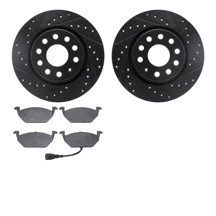 8502-74063 Drilled/Slotted Brake Rotors w/5000 Advanced Brake Pads Kit [Black], 2011-2015 Audi/Volkswagen, Position: Front