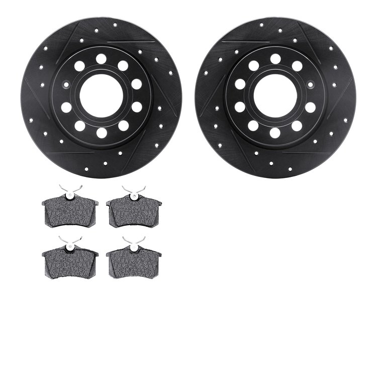 8502-74066 Drilled/Slotted Brake Rotors w/5000 Advanced Brake Pads Kit [Black], 2010-2013 Audi/Volkswagen, Position: Rear