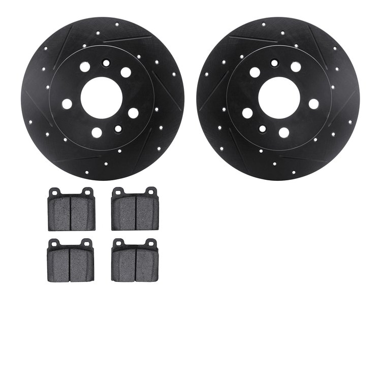 8502-74070 Drilled/Slotted Brake Rotors w/5000 Advanced Brake Pads Kit [Black], 1972-1978 Audi/Volkswagen, Position: Front