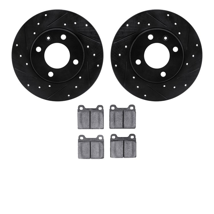 8502-74075 Drilled/Slotted Brake Rotors w/5000 Advanced Brake Pads Kit [Black], 1973-1980 Audi/Volkswagen, Position: Front