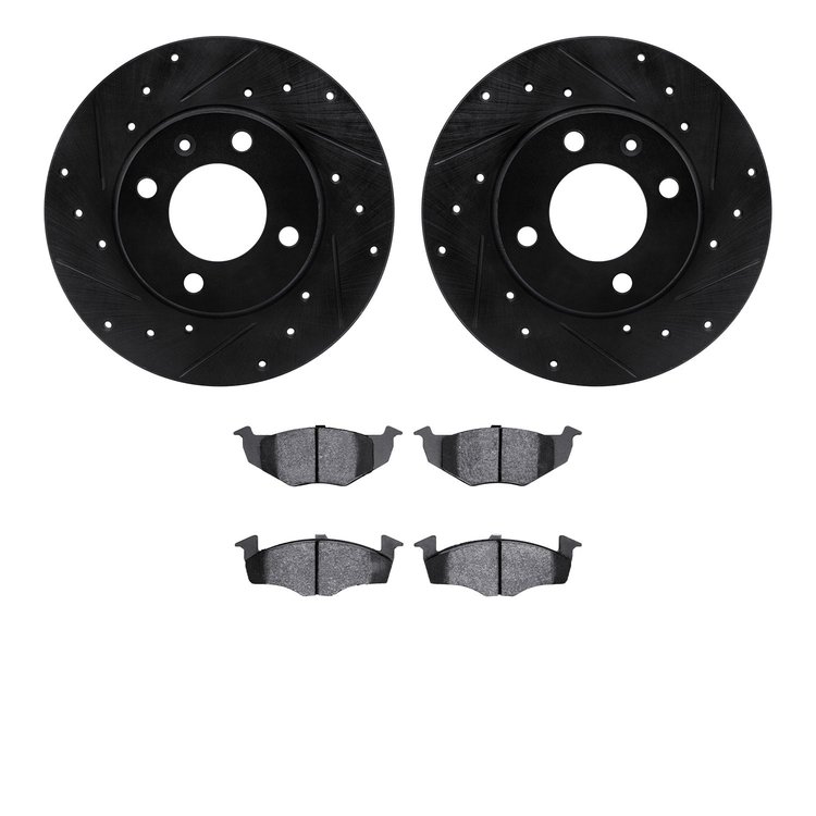 8502-74076 Drilled/Slotted Brake Rotors w/5000 Advanced Brake Pads Kit [Black], 1997-1998 Audi/Volkswagen, Position: Front