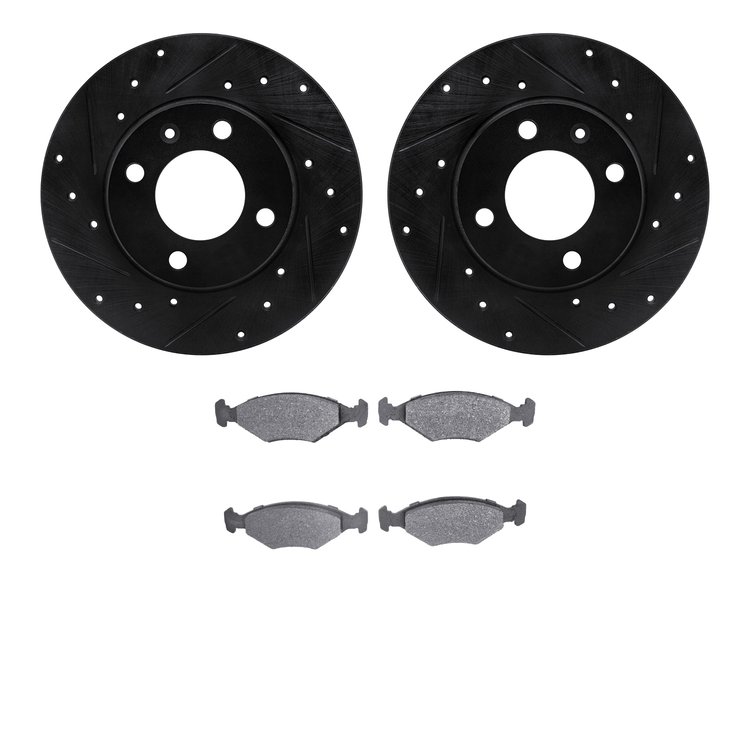 8502-74077 Drilled/Slotted Brake Rotors w/5000 Advanced Brake Pads Kit [Black], 1987-1993 Audi/Volkswagen, Position: Front