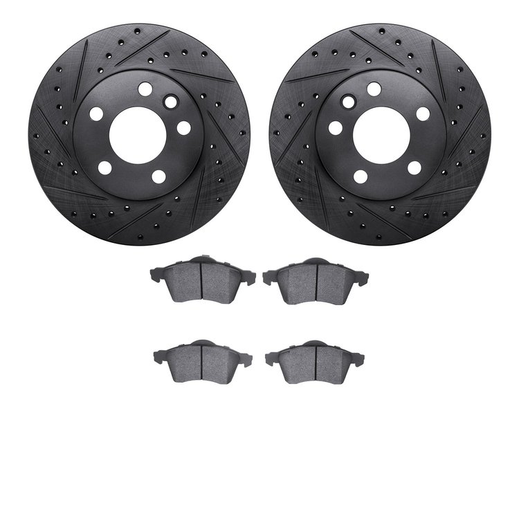 8502-74080 Drilled/Slotted Brake Rotors w/5000 Advanced Brake Pads Kit [Black], 1996-1999 Audi/Volkswagen, Position: Front