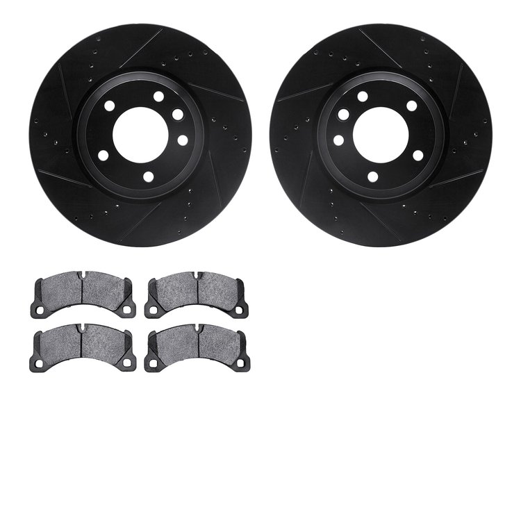 8502-74088 Drilled/Slotted Brake Rotors w/5000 Advanced Brake Pads Kit [Black], 2011-2014 Porsche, Position: Front