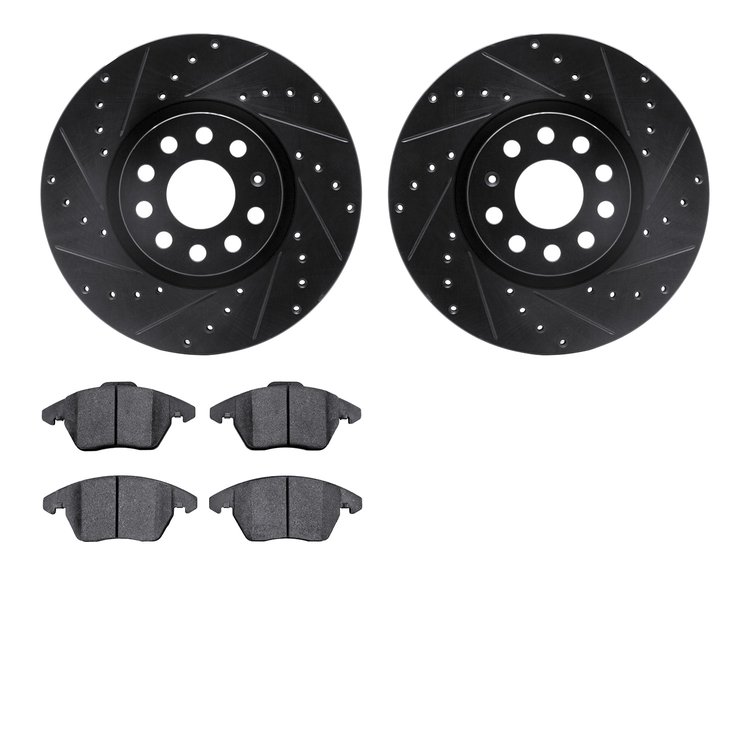 8502-74095 Drilled/Slotted Brake Rotors w/5000 Advanced Brake Pads Kit [Black], 2005-2018 Audi/Volkswagen, Position: Front