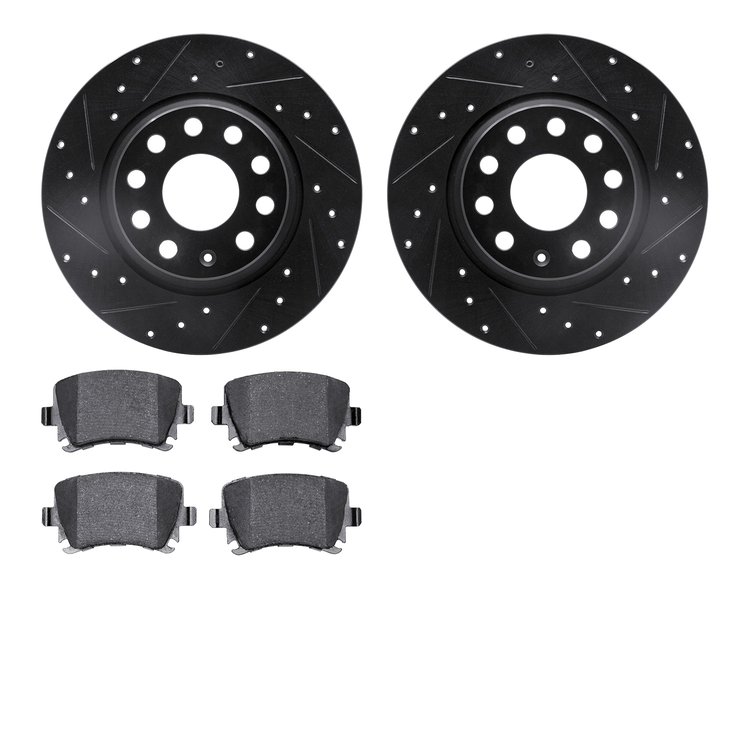 8502-74098 Drilled/Slotted Brake Rotors w/5000 Advanced Brake Pads Kit [Black], 2005-2018 Audi/Volkswagen, Position: Rear