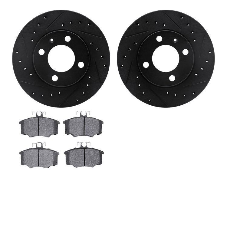 8502-74119 Drilled/Slotted Brake Rotors w/5000 Advanced Brake Pads Kit [Black], 1984-1987 Audi/Volkswagen, Position: Front