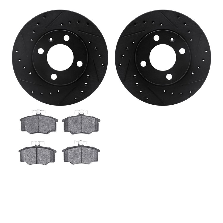 8502-74120 Drilled/Slotted Brake Rotors w/5000 Advanced Brake Pads Kit [Black], 1982-1983 Audi/Volkswagen, Position: Front