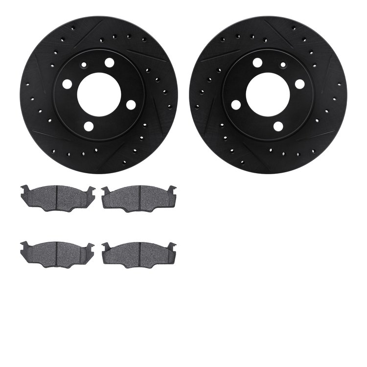 8502-74121 Drilled/Slotted Brake Rotors w/5000 Advanced Brake Pads Kit [Black], 1980-1984 Audi/Volkswagen, Position: Front