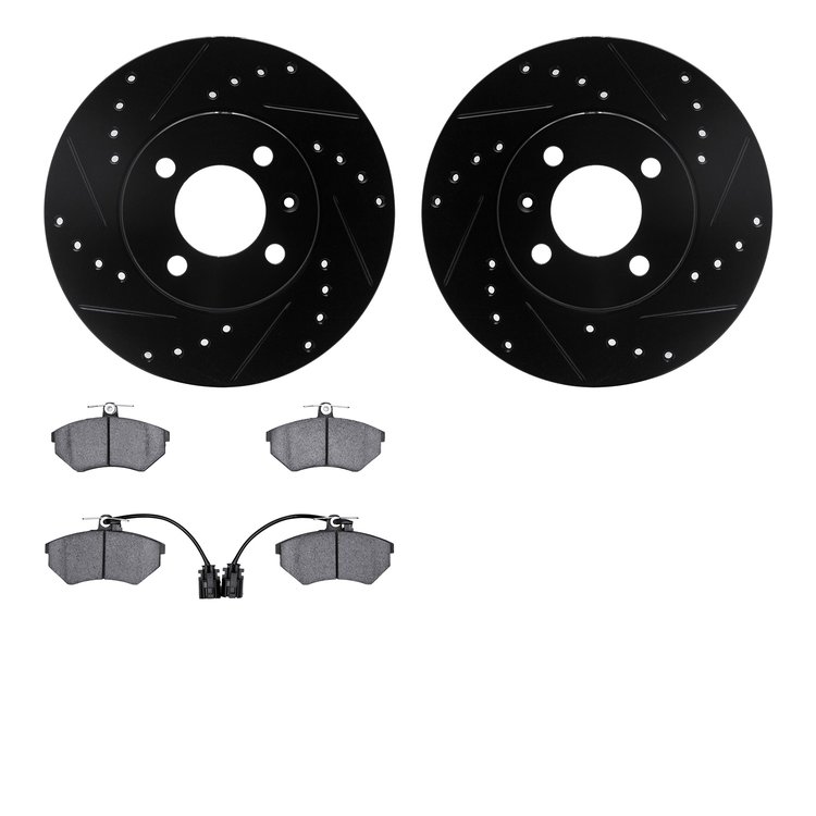 8502-74140 Drilled/Slotted Brake Rotors w/5000 Advanced Brake Pads Kit [Black], 1995-1995 Audi/Volkswagen, Position: Front