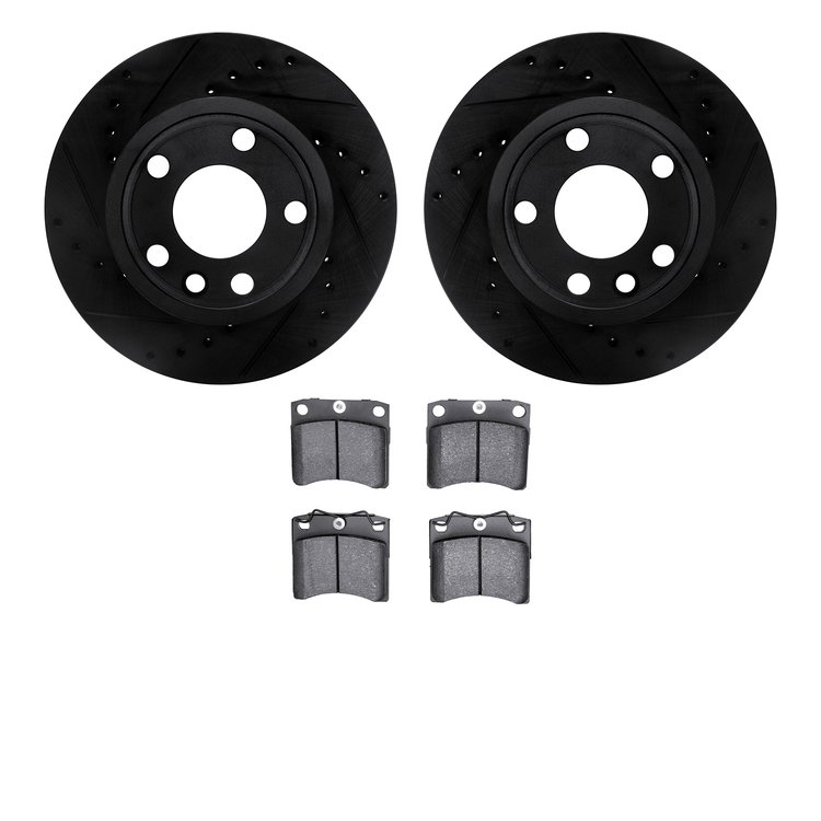 8502-74219 Drilled/Slotted Brake Rotors w/5000 Advanced Brake Pads Kit [Black], 1992-1995 Audi/Volkswagen, Position: Front