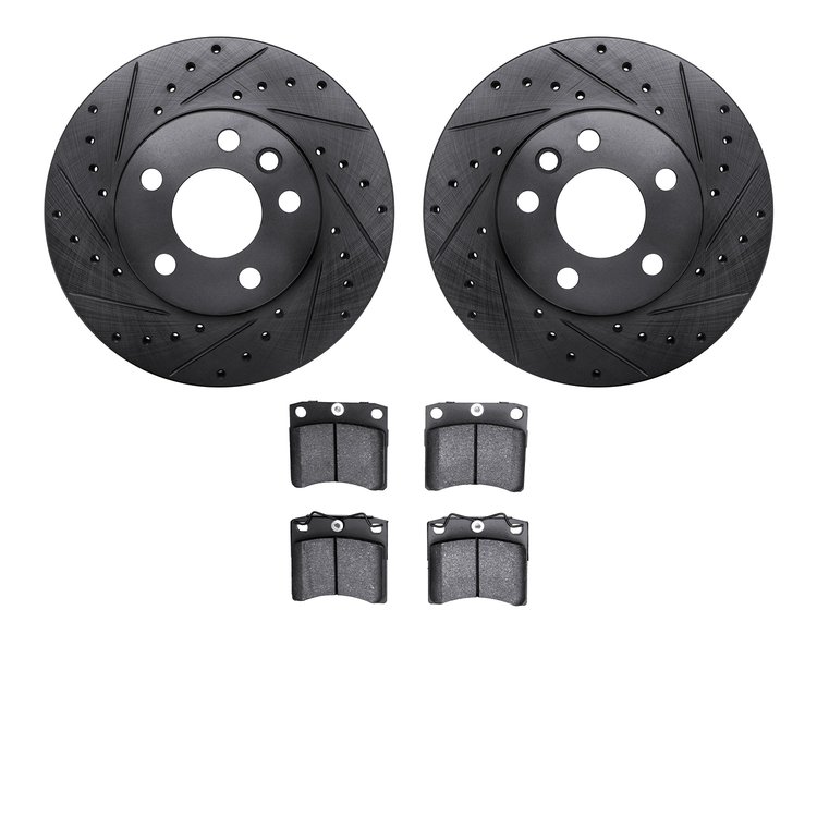 8502-74231 Drilled/Slotted Brake Rotors w/5000 Advanced Brake Pads Kit [Black], 1996-1999 Audi/Volkswagen, Position: Front