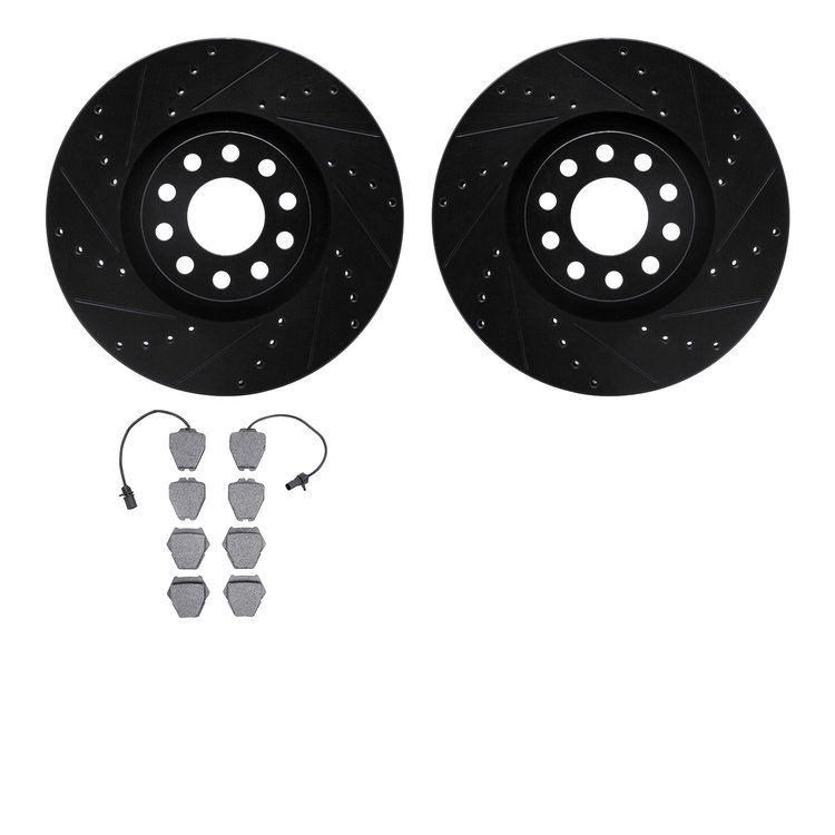 8502-74284 Drilled/Slotted Brake Rotors w/5000 Advanced Brake Pads Kit [Black], 2002-2005 Audi/Volkswagen, Position: Front