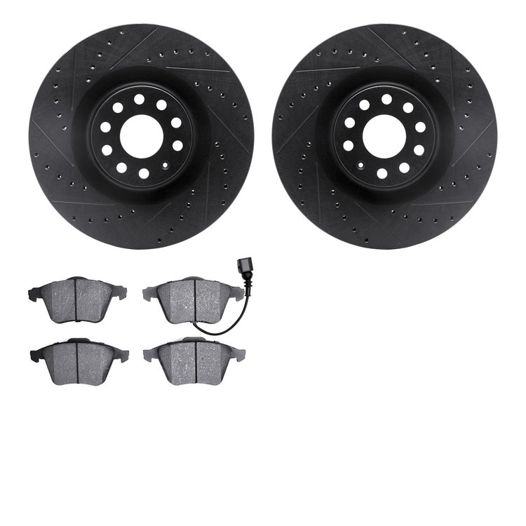 8502-74307 Drilled/Slotted Brake Rotors w/5000 Advanced Brake Pads Kit [Black], 2006-2011 Audi/Volkswagen, Position: Front