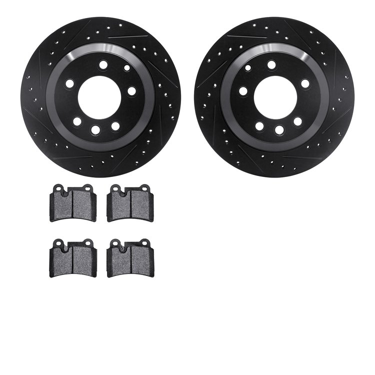 8502-74407 Drilled/Slotted Brake Rotors w/5000 Advanced Brake Pads Kit [Black], 2008-2009 Audi/Volkswagen, Position: Rear