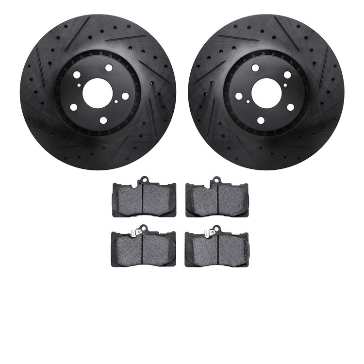8502-75015 Drilled/Slotted Brake Rotors w/5000 Advanced Brake Pads Kit [Black], 2006-2020 Lexus/Toyota/Scion, Position: Front