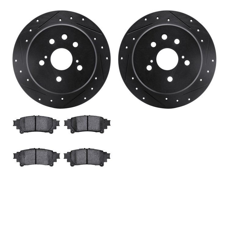 8502-75020 Drilled/Slotted Brake Rotors w/5000 Advanced Brake Pads Kit [Black], 2014-2015 Lexus/Toyota/Scion, Position: Rear