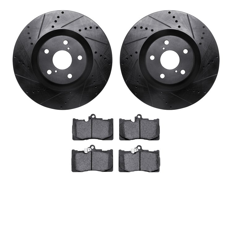 8502-75024 Drilled/Slotted Brake Rotors w/5000 Advanced Brake Pads Kit [Black], 2009-2011 Lexus/Toyota/Scion, Position: Front