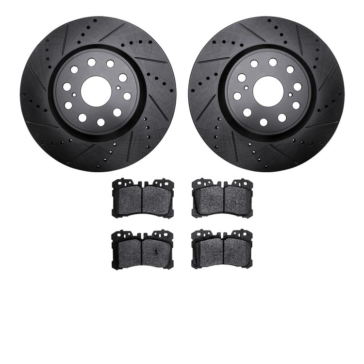 8502-75096 Drilled/Slotted Brake Rotors w/5000 Advanced Brake Pads Kit [Black], 2007-2017 Lexus/Toyota/Scion, Position: Front