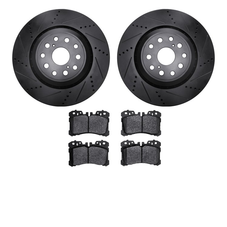 8502-75110 Drilled/Slotted Brake Rotors w/5000 Advanced Brake Pads Kit [Black], 2007-2017 Lexus/Toyota/Scion, Position: Front