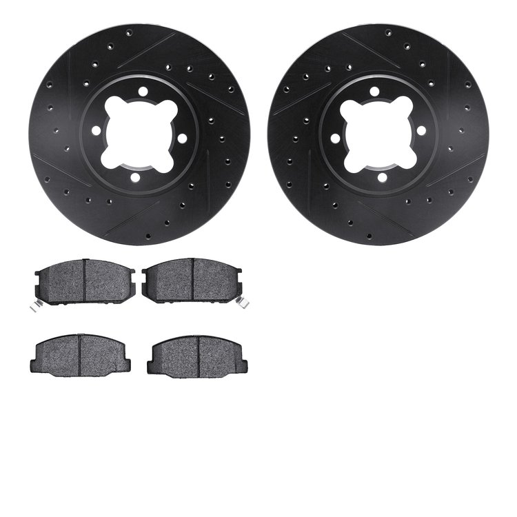 8502-76003 Drilled/Slotted Brake Rotors w/5000 Advanced Brake Pads Kit [Black], 1982-1985 Lexus/Toyota/Scion, Position: Front