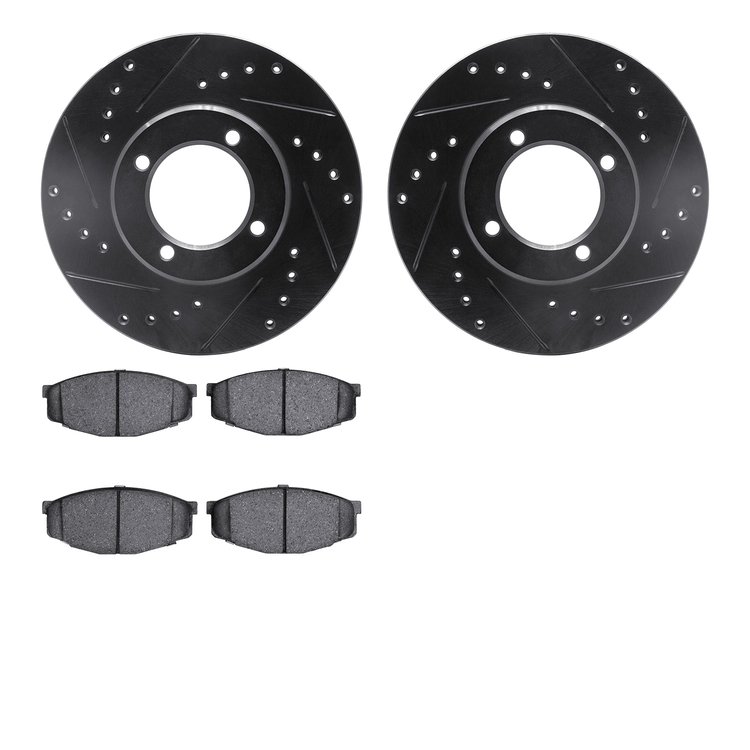 8502-76012 Drilled/Slotted Brake Rotors w/5000 Advanced Brake Pads Kit [Black], 1984-1987 Lexus/Toyota/Scion, Position: Front