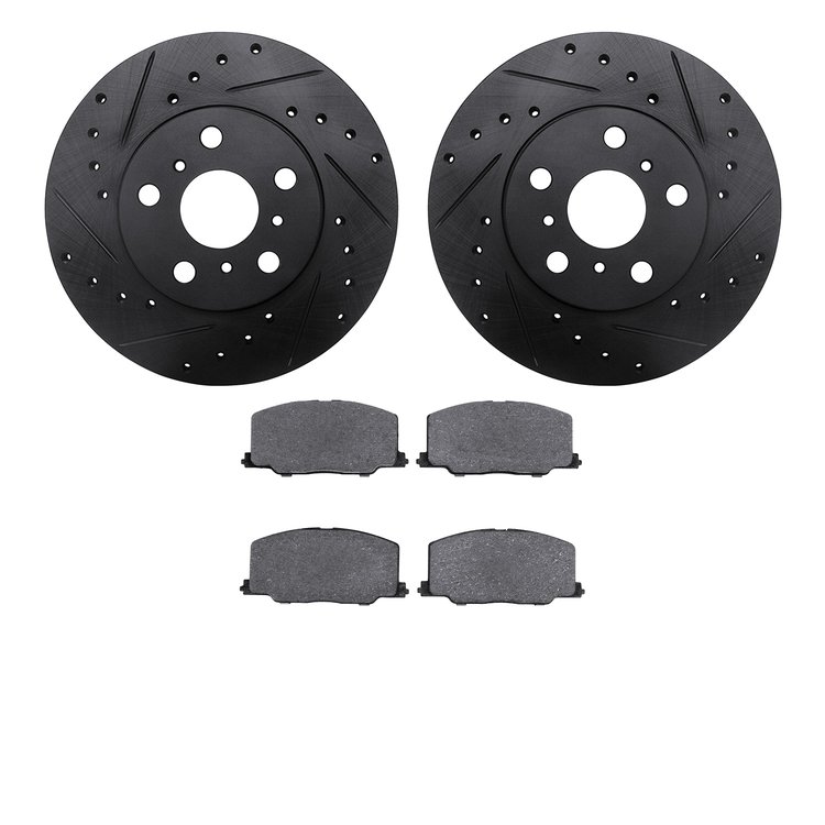8502-76031 Drilled/Slotted Brake Rotors w/5000 Advanced Brake Pads Kit [Black], 1990-1991 Lexus/Toyota/Scion, Position: Front