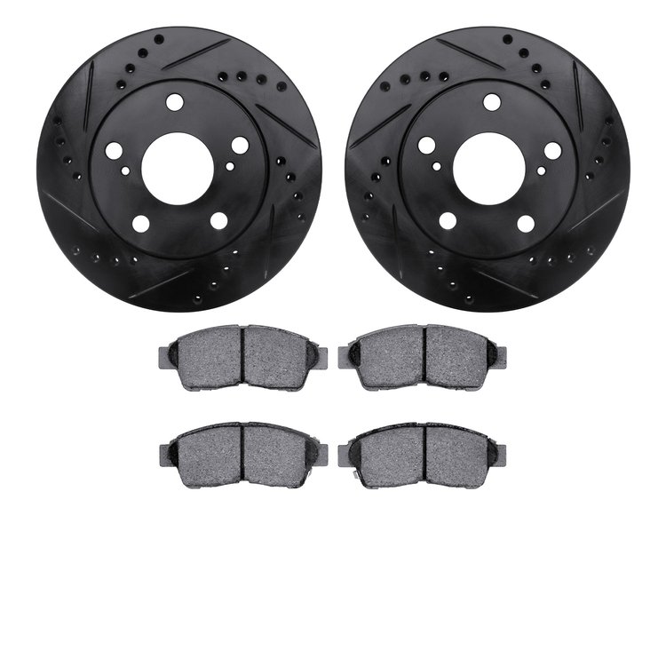 8502-76038 Drilled/Slotted Brake Rotors w/5000 Advanced Brake Pads Kit [Black], 1992-2001 Lexus/Toyota/Scion, Position: Front
