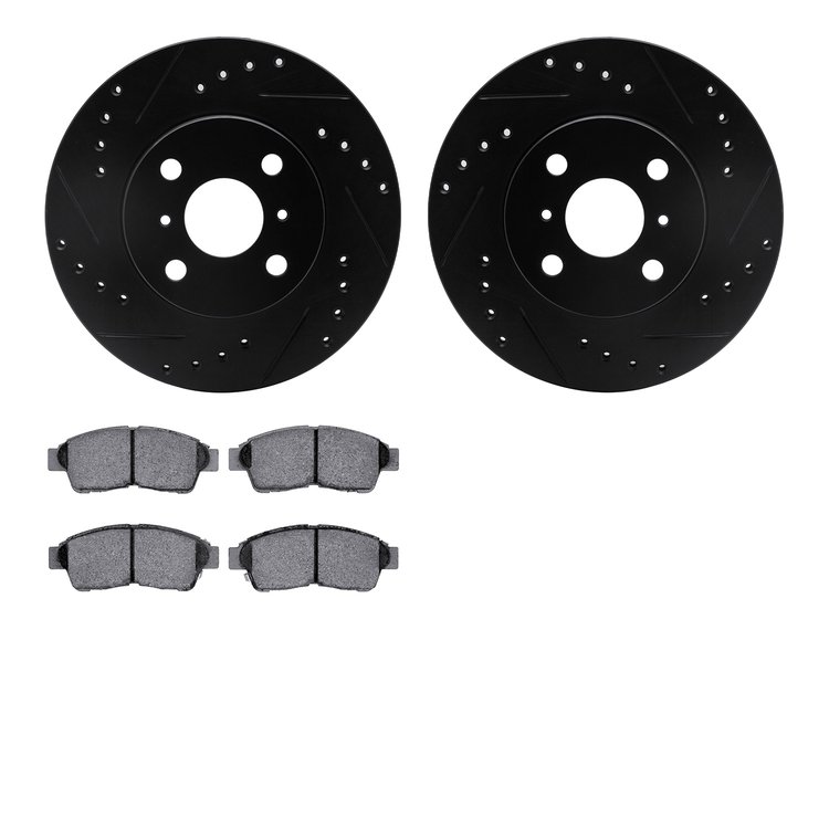 8502-76047 Drilled/Slotted Brake Rotors w/5000 Advanced Brake Pads Kit [Black], 1993-1997 Multiple Makes/Models, Position: Front