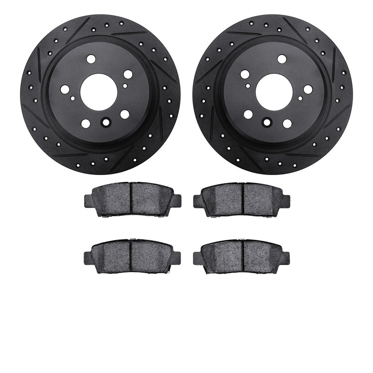 8502-76054 Drilled/Slotted Brake Rotors w/5000 Advanced Brake Pads Kit [Black], 1995-1999 Lexus/Toyota/Scion, Position: Rear