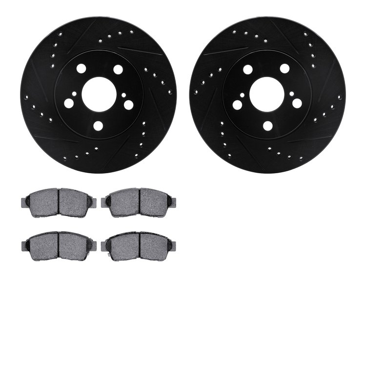 8502-76056 Drilled/Slotted Brake Rotors w/5000 Advanced Brake Pads Kit [Black], 1994-1997 Lexus/Toyota/Scion, Position: Front