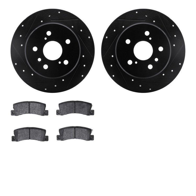 8502-76060 Drilled/Slotted Brake Rotors w/5000 Advanced Brake Pads Kit [Black], 1992-2003 Lexus/Toyota/Scion, Position: Rear