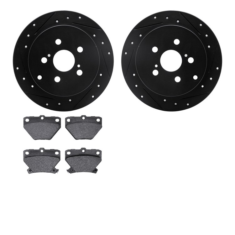 8502-76062 Drilled/Slotted Brake Rotors w/5000 Advanced Brake Pads Kit [Black], 2000-2008 Multiple Makes/Models, Position: Rear